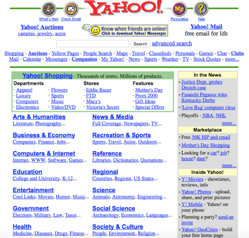 Screenshot of Yahoo! as it appeared on May 7 2000.